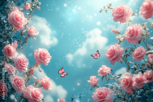 Beautiful Pink Roses and Butterflies Against a Bright Blue Sky Filled With Cl...