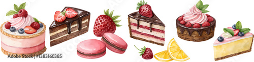 set of watercolor sweet desserts with strawberry illustrations on white