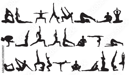 silhouettes of woman in different yoga poses.