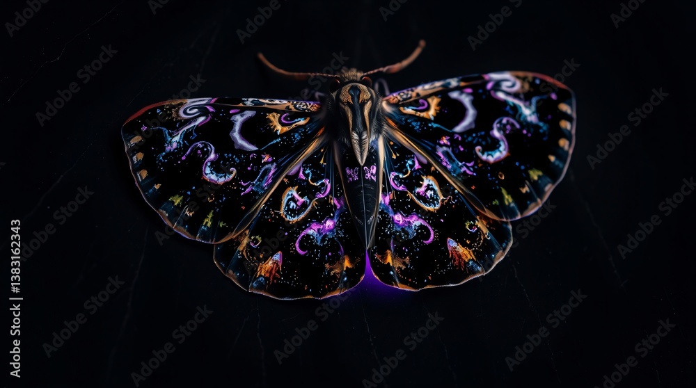 Fototapeta premium Cosmic-Patterned Moth on Velvet Leaf, Galaxy Wings, Bioluminescent Glow, 8K Ultra-HD Macro