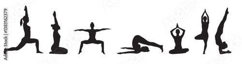 Group of woman performing yoga in transparent background. 