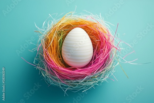 Decorative White Egg in Colorful Nest on Blue Background for Spring Celebration