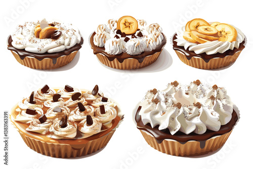 Set of chocolate, vanilla and salted caramel cupcakes with fresh berries and peanuts isolated on white background.