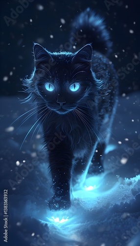 Fantasy Elegant Black Cat With Glowing Blue Eyes In Snowy Night. Vertical mobile phone background wallpaper.