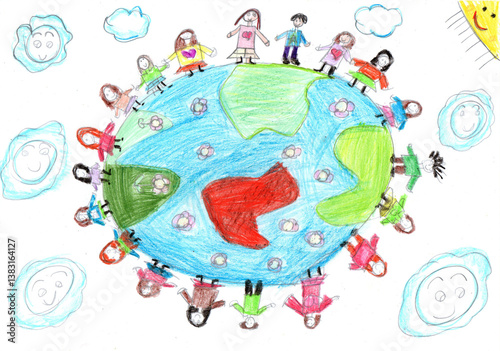 Child drawing of multicultural children holding hands around the world. Happy Children's Day. World peace. No war. Pencil art in childish style