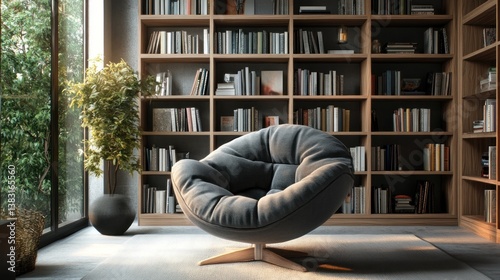 Cozy reading nook with built-in bookshelves and comfortable armchair. Sunlight streams into the room.