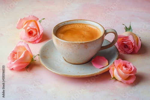 Coffee Cup Surrounded by Pink Roses on a Soft Fabric Surface in Morning Light