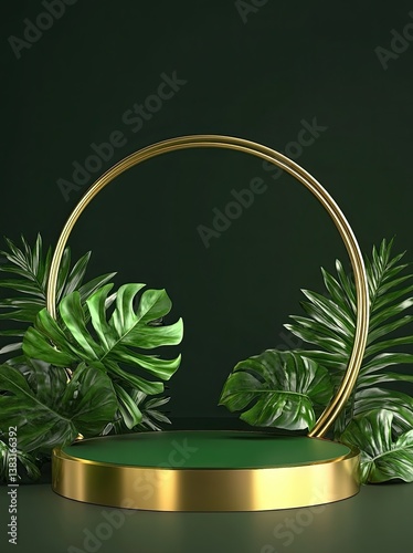 Green podium with tropical leaves