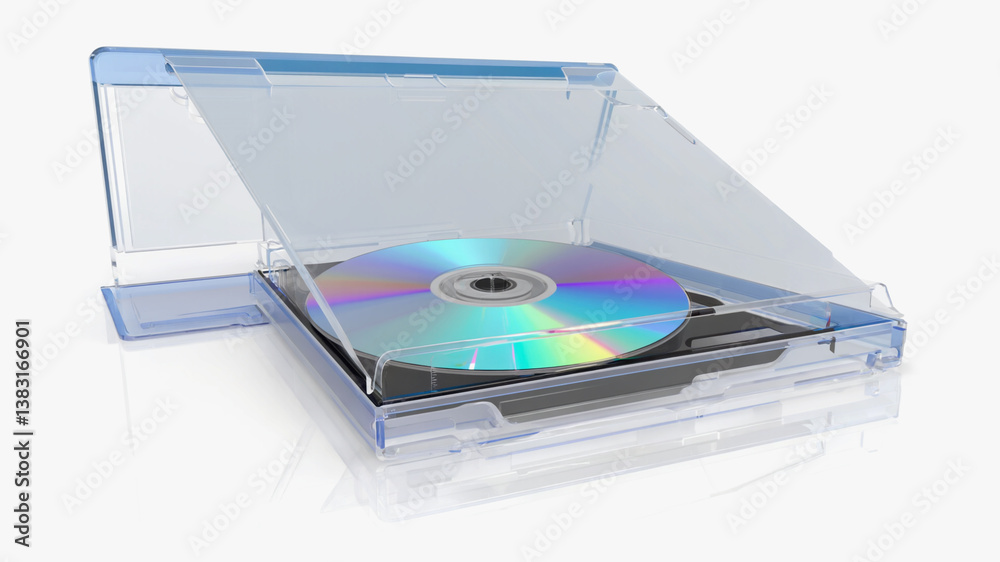 Optical disc sits open in a transparent blue case Optical disc sits open in a transparent blue case