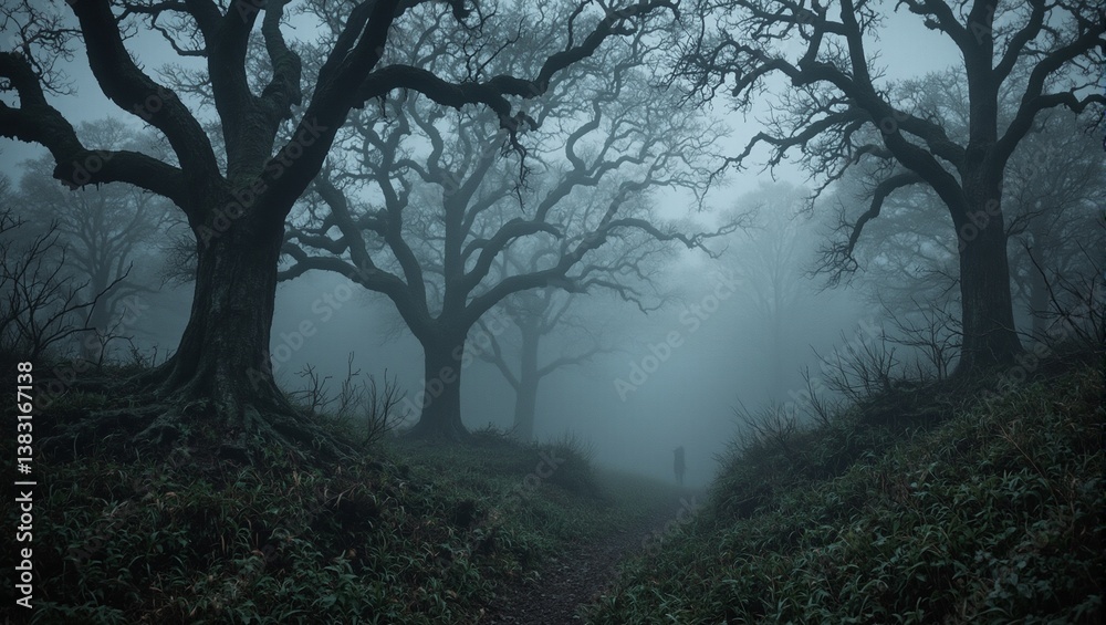 Eerie forest scene with ancient trees thick fog and a distant bird call creating a mysterious and unsettling ambiance Eerie forest scene with ancient trees thick fog and a distant bird call creating a mysterious and unsettling ambiance