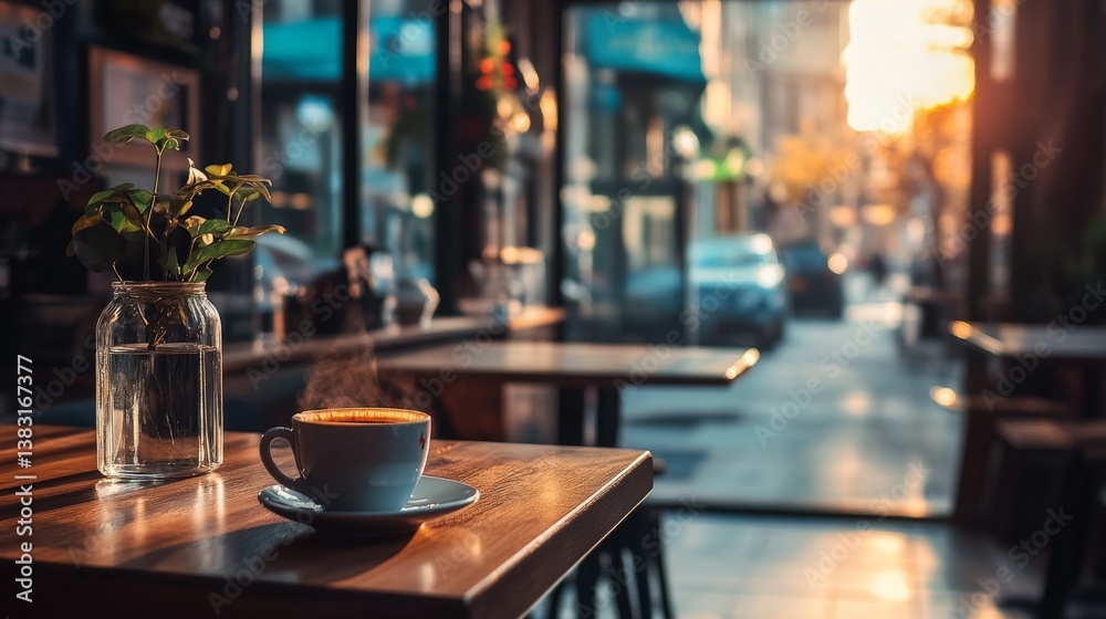 Cup of coffee on table in a cafe at sunset Cup of coffee on table in a cafe at sunset