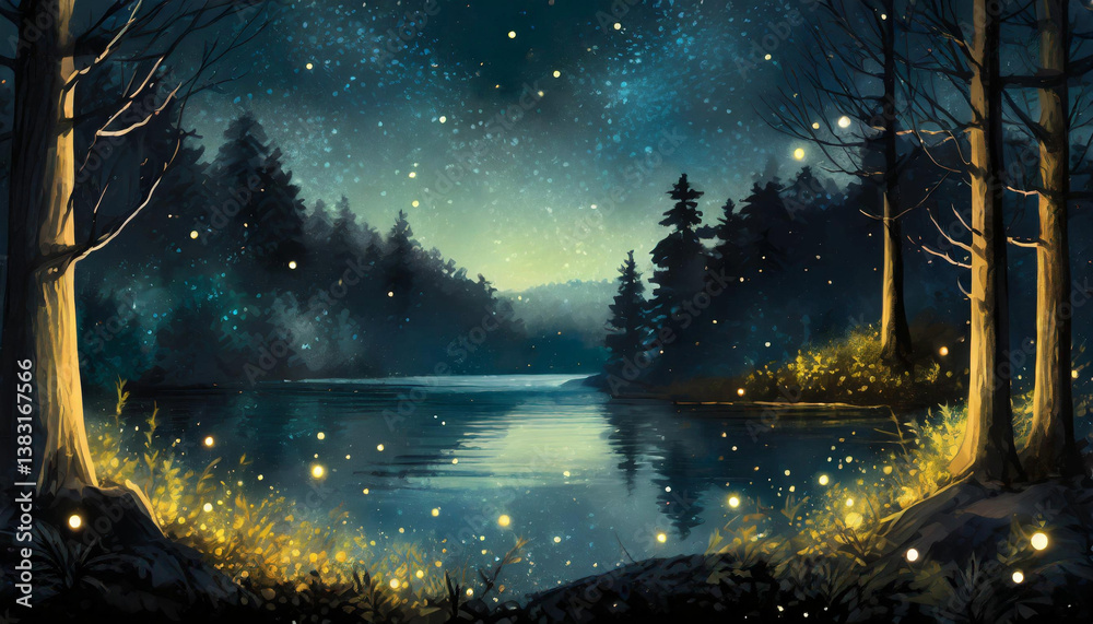 Fototapeta premium Deep in the forest, beautifully twinkling little fireflies - 깊은 숲, 아름답게 반짝이는 작은 반딧불, 자연 풍경