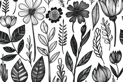A detailed collection of black and white floral illustrations featuring various flowers, leaves, and botanical elements in a decorative style. Vector illustration
