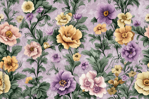 a sophisticated and ornate repeating pattern of various pastel-colored wil