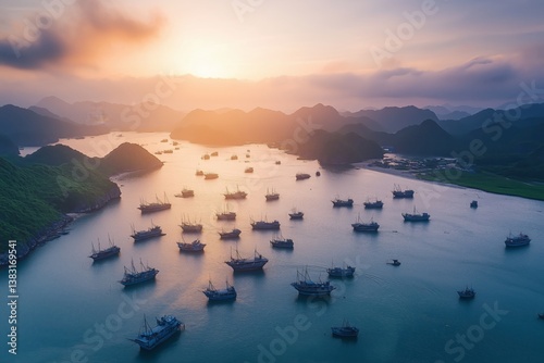 Majestic Mountain Landscape With Boats Cruising in Serene Waters at Sunrise