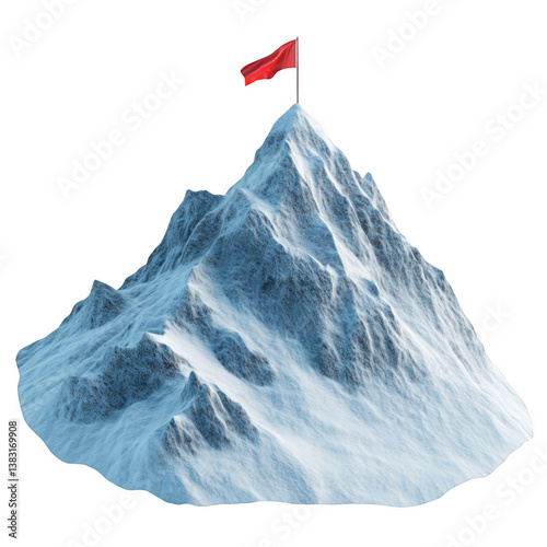 A snowy mountain peak with a red flag waving atop against a black background in a digital rendering