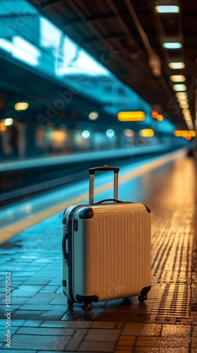 Luggage Waiting on an Empty Train Platform During Early Morning Hours in a City