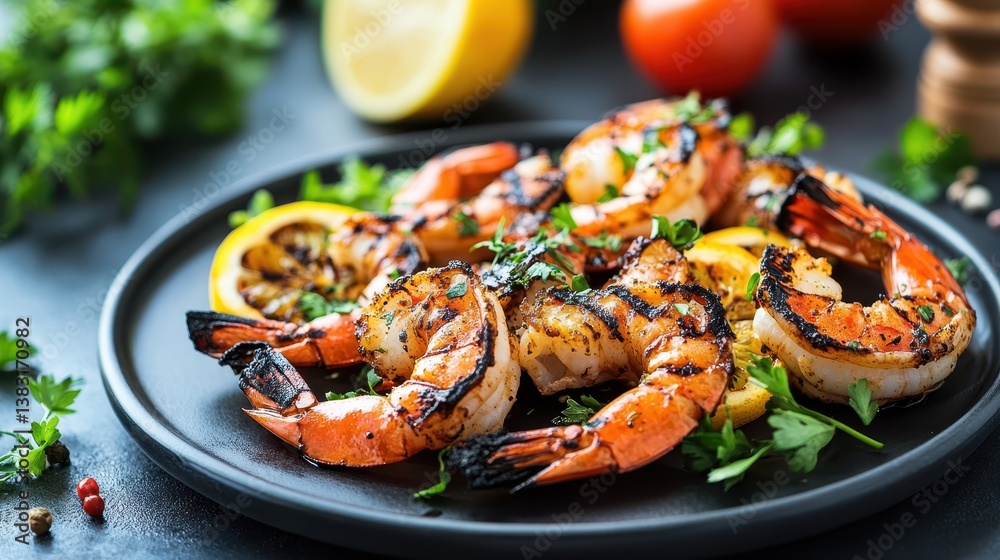 Grilled prawns seasoned with aromatic herbs and citrus create a flavorful seafood dish. Grilled prawns seasoned with aromatic herbs and citrus create a flavorful seafood dish.