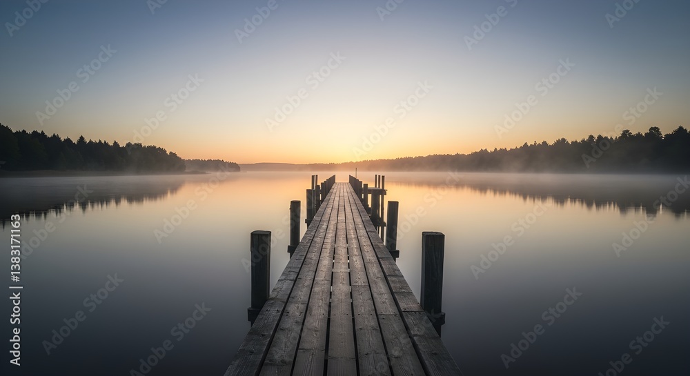 Obraz premium Rustic Wooden Pier Extending into Calm Lake