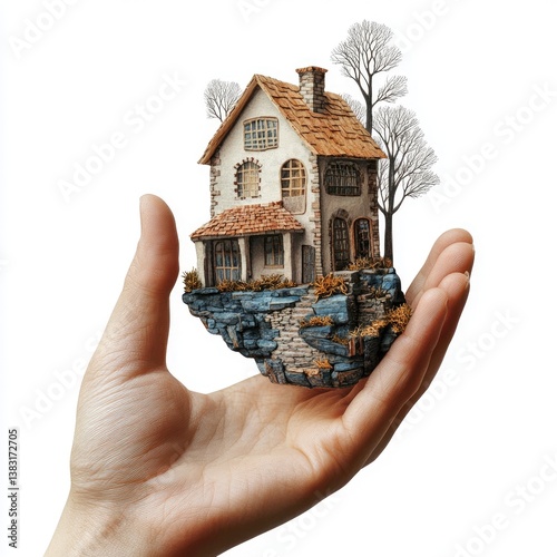 Miniature home on a rock, held in a hand