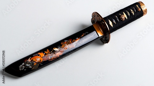 Close-up of an ornamental tanto blade featuring intricate inlaid artwork photo