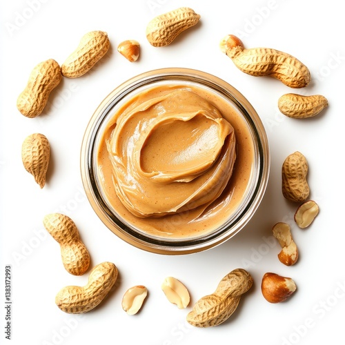 Creamy peanut butter in a glass jar, surrounded by peanuts