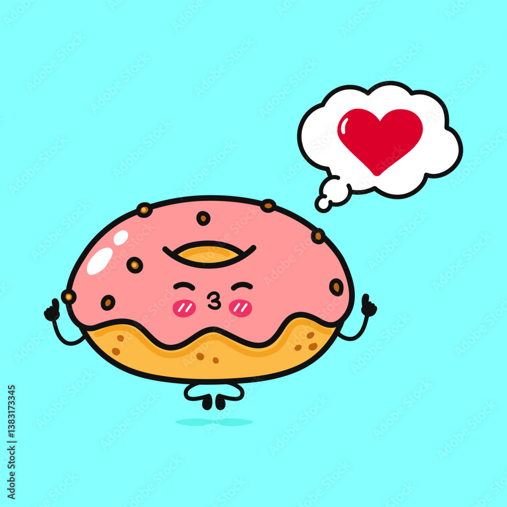 Donut doing yoga with speech bubble. Vector hand drawn cartoon kawaii character illustration icon. Isolated on blue background. Donut in love character concept Donut doing yoga with speech bubble. Vector hand drawn cartoon kawaii character illustration icon. Isolated on blue background. Donut in love character concept