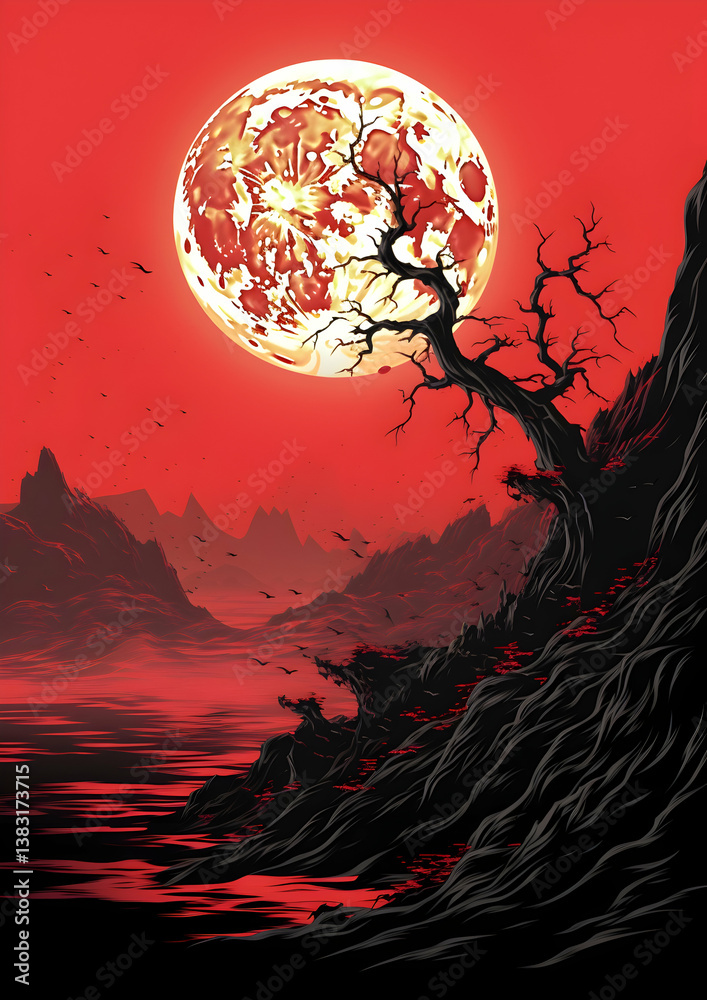 Fototapeta premium Pixel Art Red Full Moon Over Dark Mountain Landscape with Silhouette Trees and Ominous Atmosphere in Digital Painting