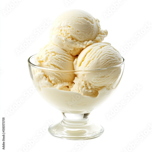 Three scoops of vanilla ice cream in a glass dish