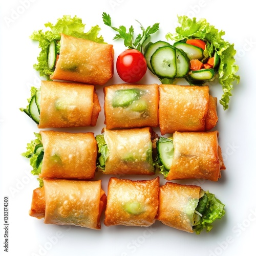 Crispy spring rolls arranged,  fresh vegetables