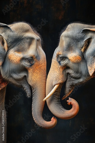 Two elephants greeting each other with their trunks intertwined
