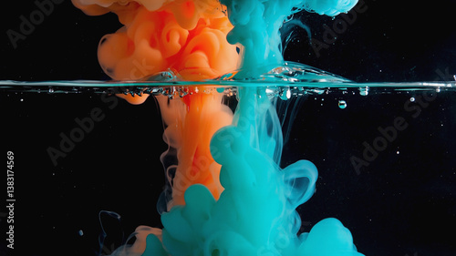 Colorful ink plumes mix in water, creating vibrant patterns against a dark background