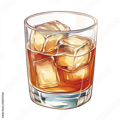 Whiskey in a glass with ice cubes