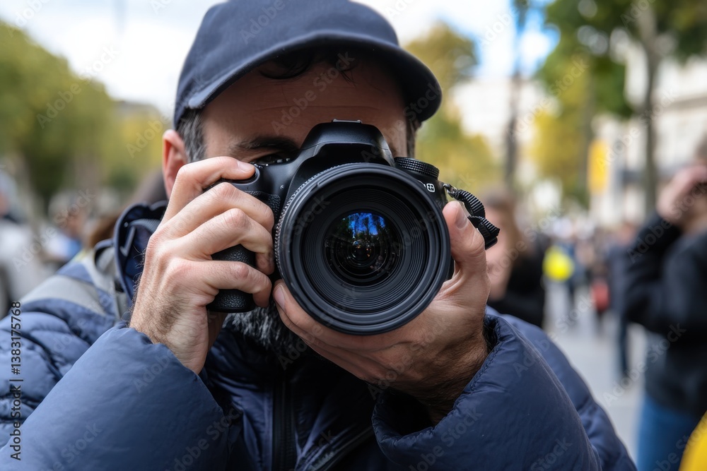 A passionate photographer holds a DSLR camera, focusing on capturing moments in a public space with a lively background, showcasing dedication to photography. A passionate photographer holds a DSLR camera, focusing on capturing moments in a public space with a lively background, showcasing dedication to photography.