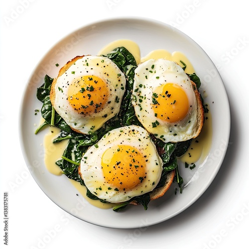Fried eggs with spinach and sauce