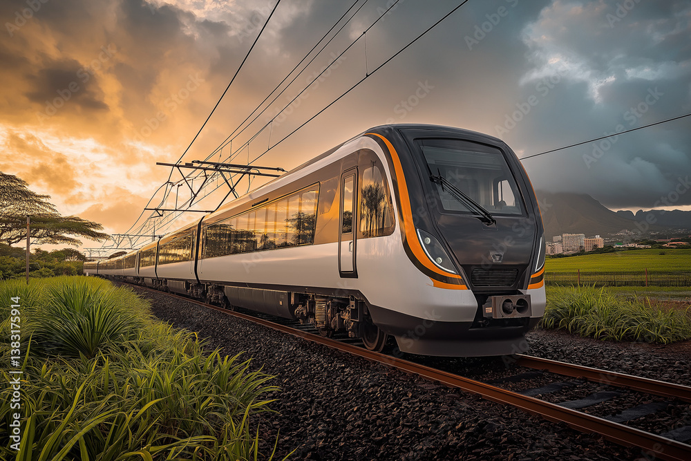 Naklejka premium Modern train in motion against dramatic sunset background with lush greenery