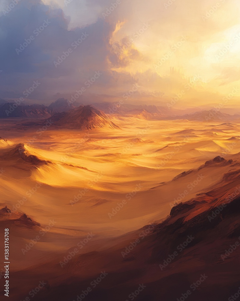 Fototapeta premium Vast desert dunes glowing under the golden light of the setting sun