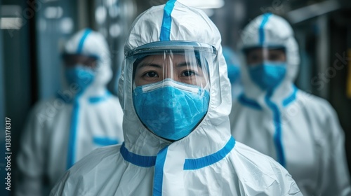 Health care workers in full personal protective equipment (PPE), including masks, gloves, and gowns, working diligently amidst a virus outbreak, ensuring safety and hygiene. photo