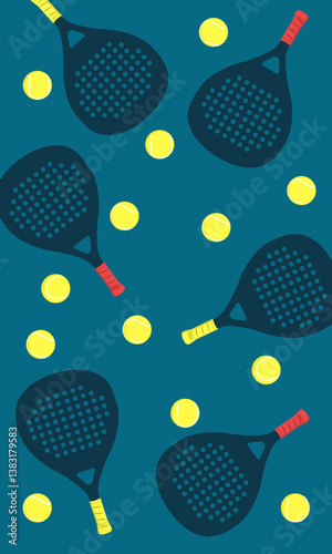 Padel rackets and balls seamless pattern on turquoise background