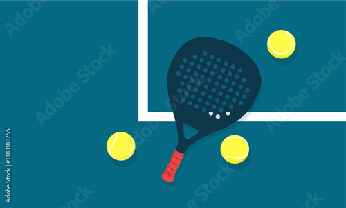 Padel racket and balls lying on the court corner
