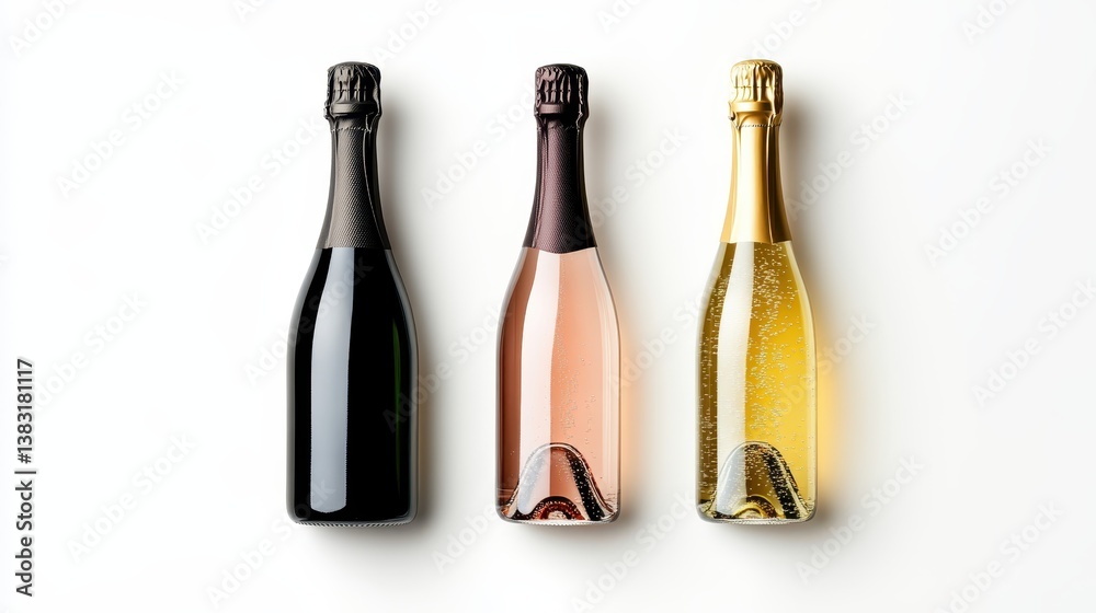 A beautiful display of three sparkling wine bottles in sleek black, pink, and gold designs, showcasing luxury and celebration among various wine options to please every palate. A beautiful display of three sparkling wine bottles in sleek black, pink, and gold designs, showcasing luxury and celebration among various wine options to please every palate.