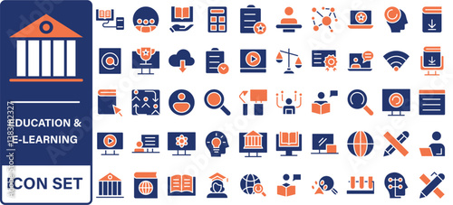 Online education icon set. Containing video tuition, e-learning, online course, audio course, educational website and digital education icons. Solid icon collection.