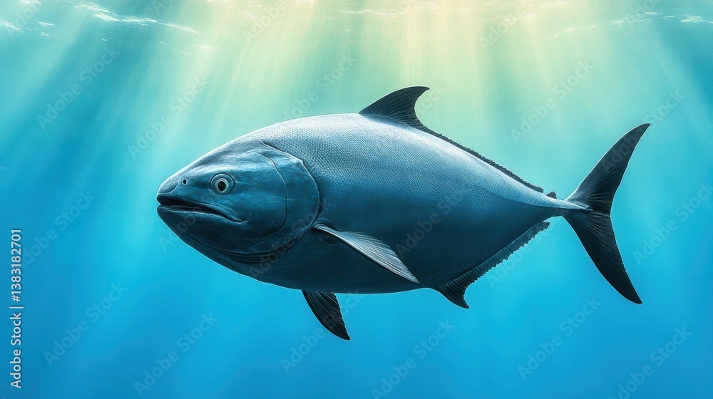 Obraz premium A close-up view of a majestic fish gliding through clear, blue waters, illuminated by soft sunlight, Ideal for marine biology projects, educational materials, and underwater exploration themes,