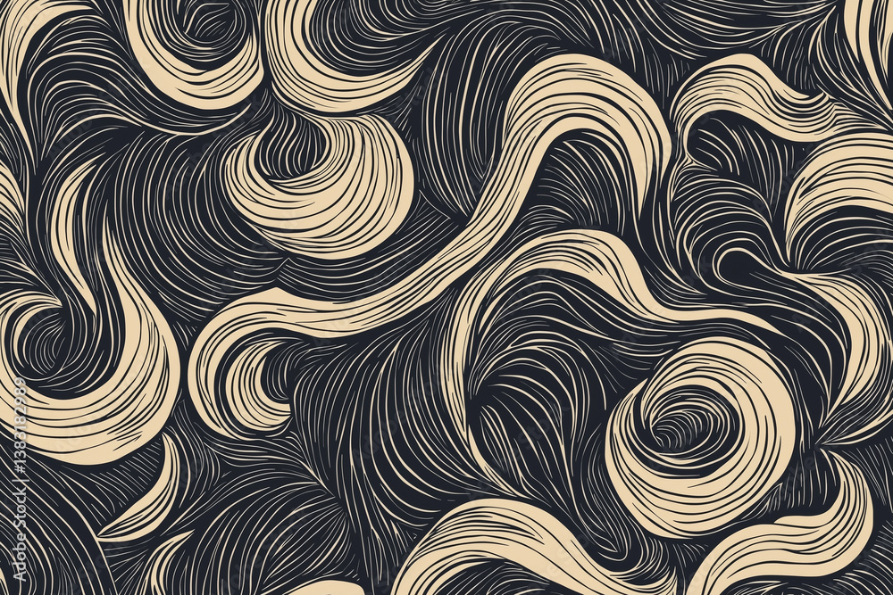 Minimalist textile pattern featuring flowing swirls and curves in contrasting color scheme. design evokes sense of movement and elegance, perfect for various applications