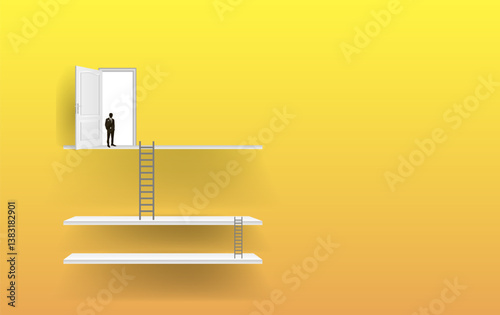 The businessman is at the peak of success,
he has achieved increased profits and career growth.
 Vector drawing, background, copy space