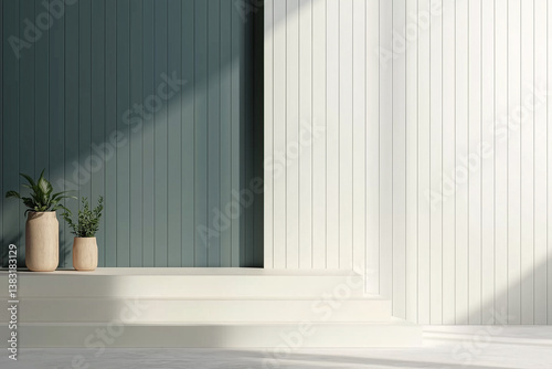 Modern interior design with green and white walls, potted plants