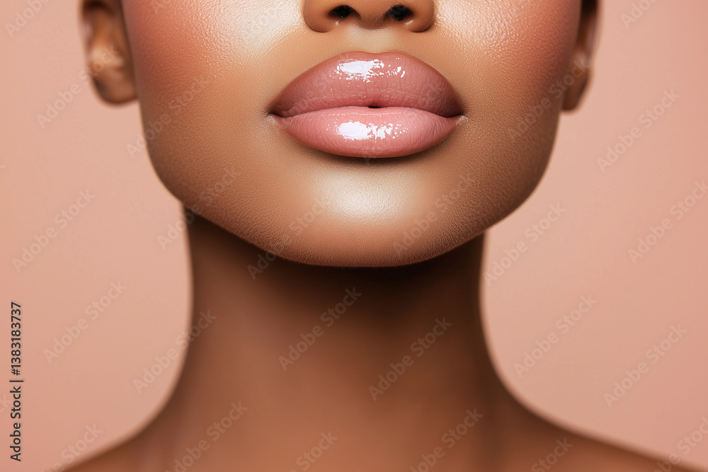 close up portrait of young woman showcasing smooth skin and glossy lips, exuding fresh and modern beauty. soft background enhances her features beautifully