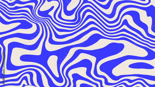 Abstract wavy pattern with blue lines on white background, creating a groovy, psychedelic, and dynamic visual effect, often used in modern art and design for a striking and optical illusion style.
