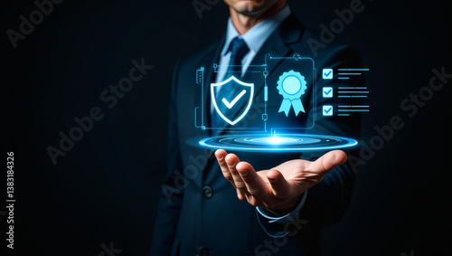Digitale Sicherheitszertifizierung mit Hologramm-Symbol über der Hand
