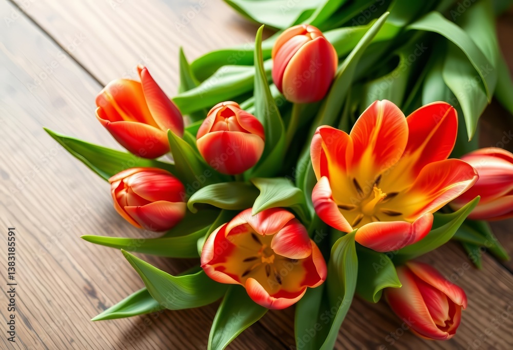 Obraz premium Vibrant tulip blossom with lush green leaves arranged on a wooden table, art, blossoms